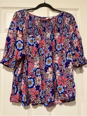 Terra & Sky Pink and Blue Floral Smocked Peasant Blouse